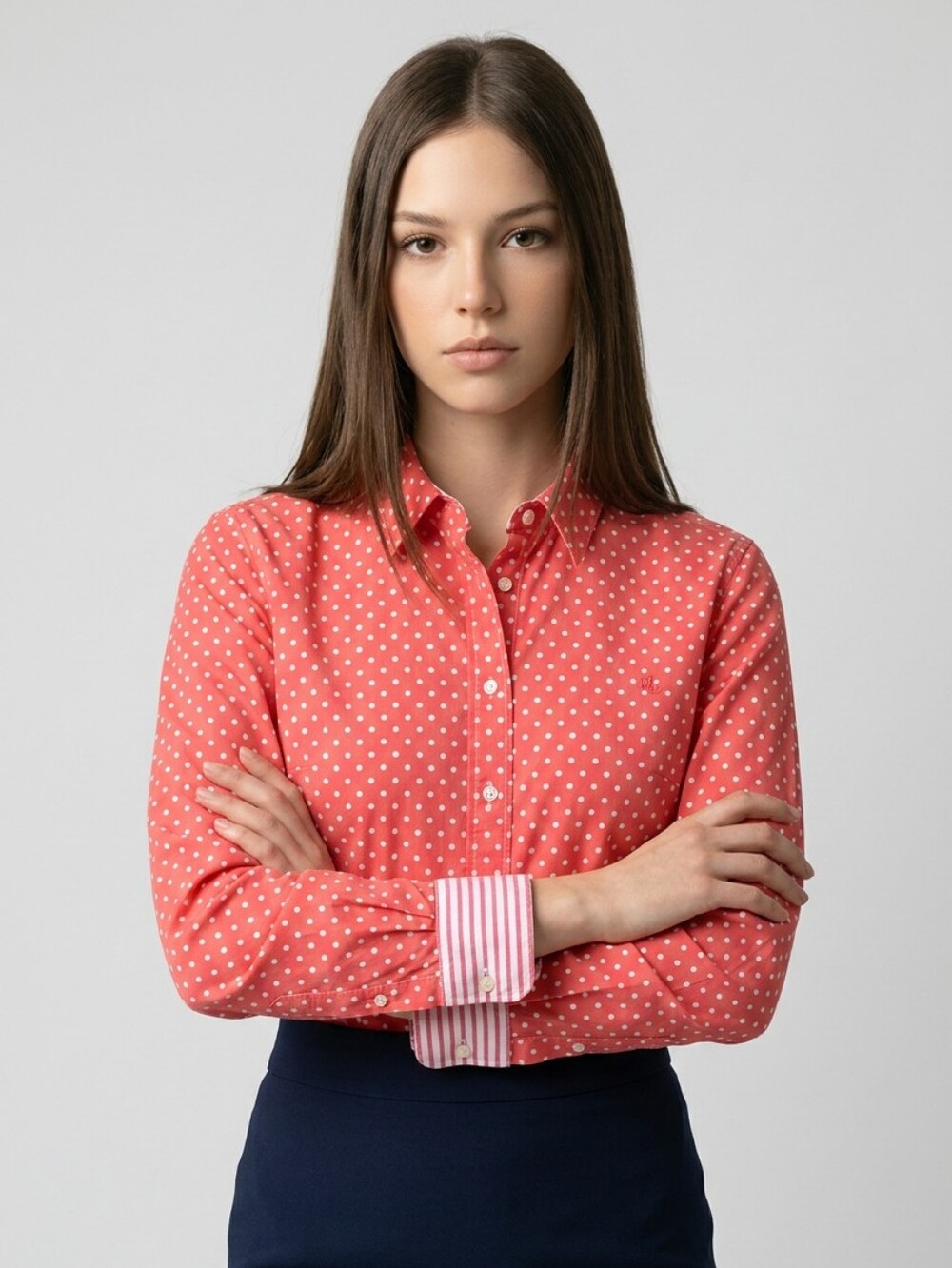 LRL Ralph Lauren Button Down Blouse No Iron Stretch XL Coral White Polkadot